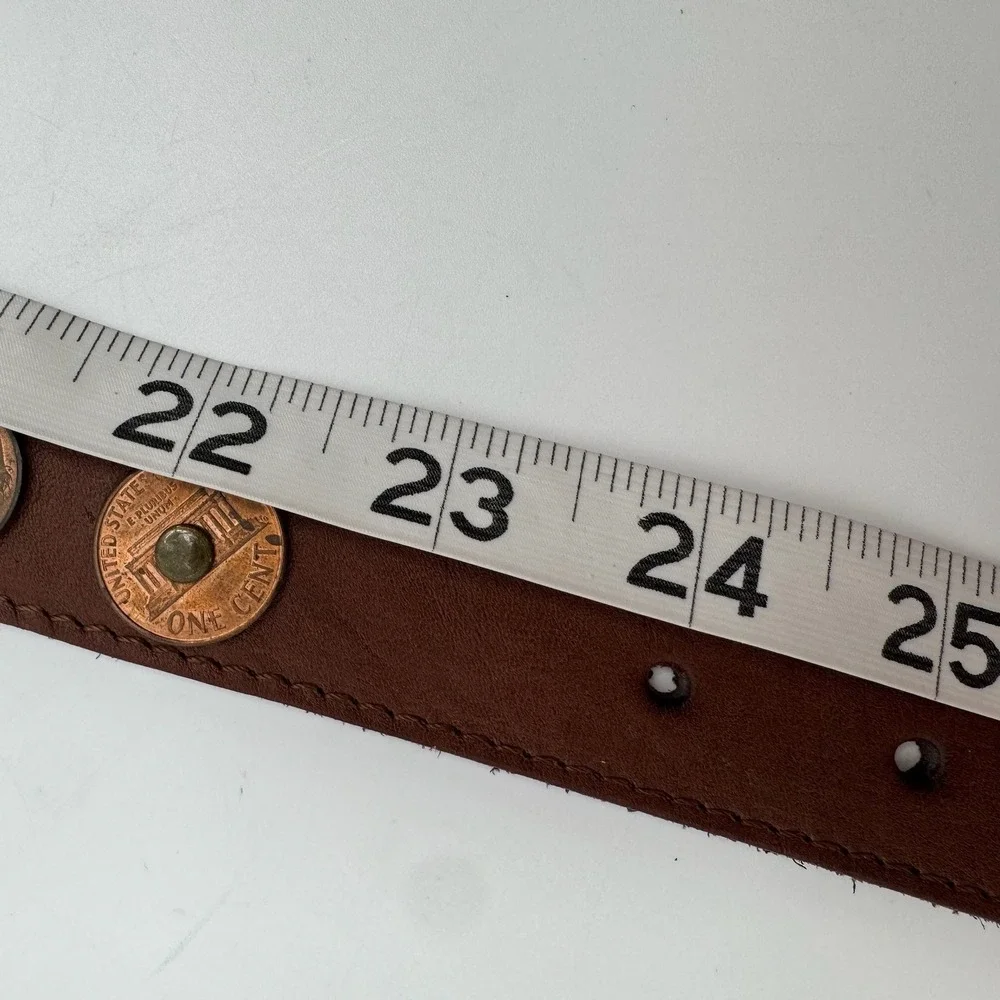 Vintage Leather Belt Womens XS Coin Studded International Currency Brown Boho